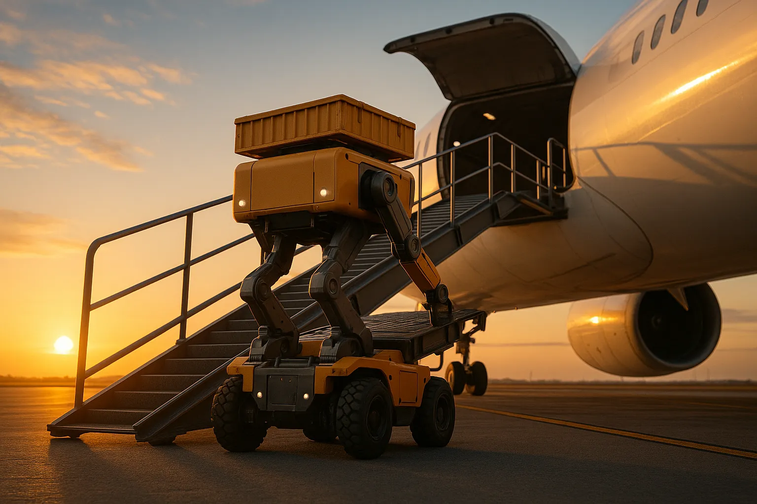 Cargo robot on airport ramp at dusk.