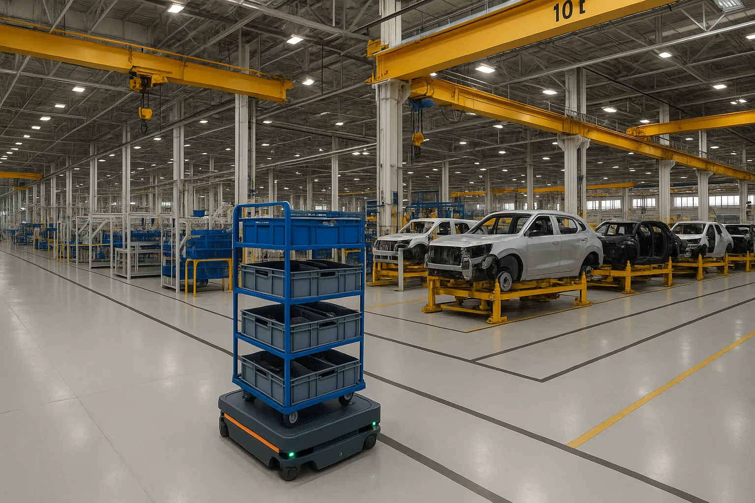 Robot delivering parts to assembly line.