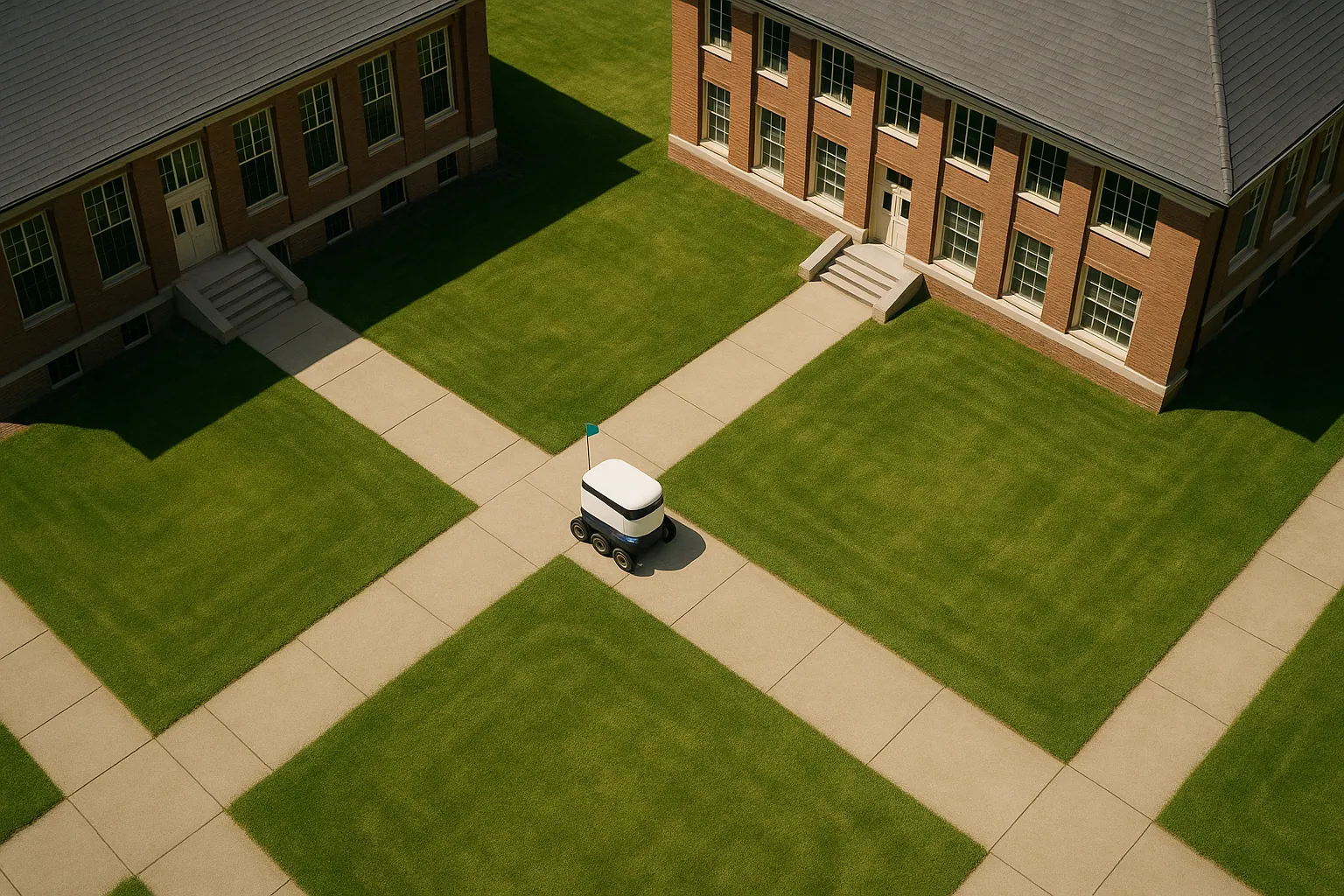 Robot driving across quad lawn.