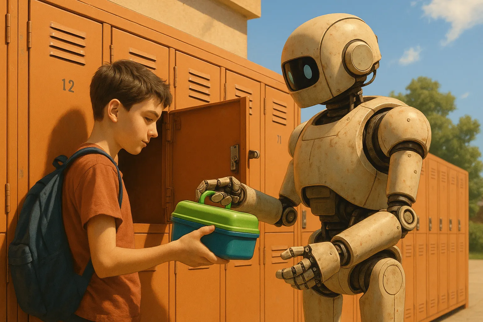 Student retrieving lunch from locker.