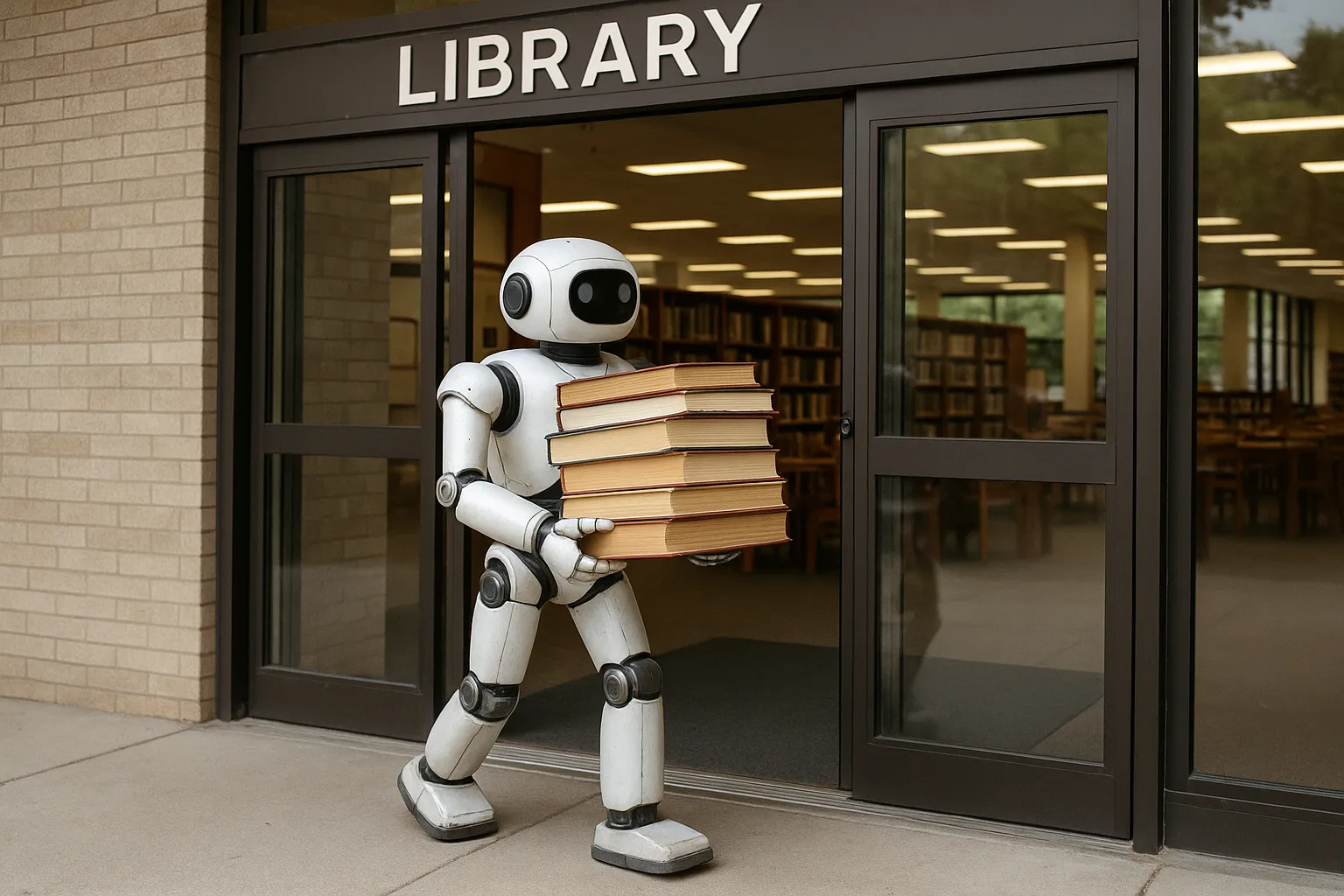 Robot entering library building.