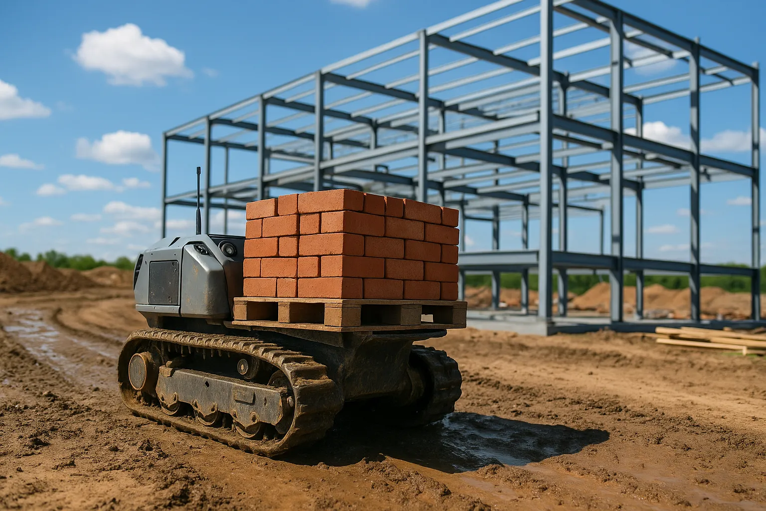 Robot carrying bricks on site.