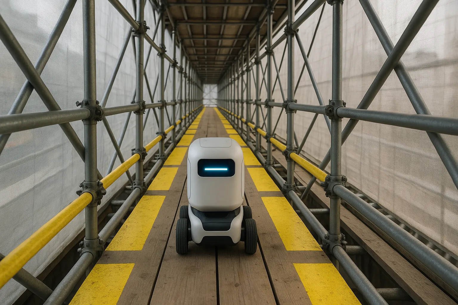 Robot navigating scaffold area.
