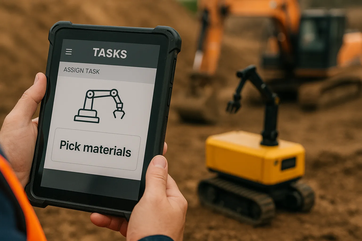 Foreman assigning task via tablet.