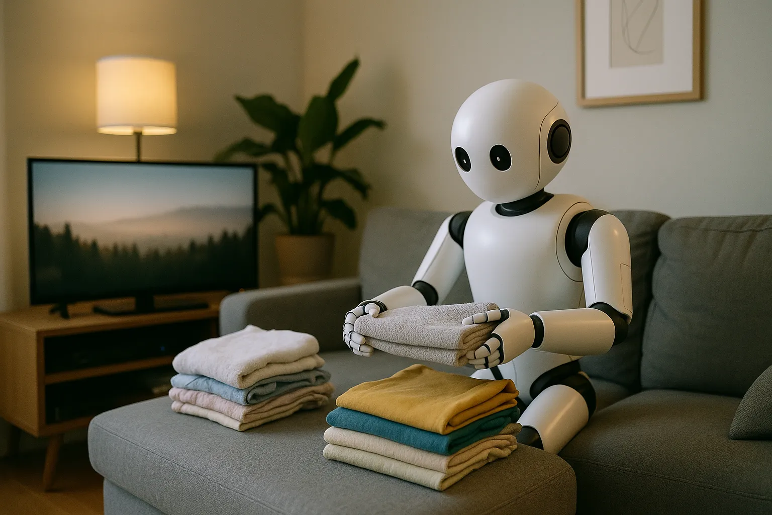 Robot folding laundry at home.