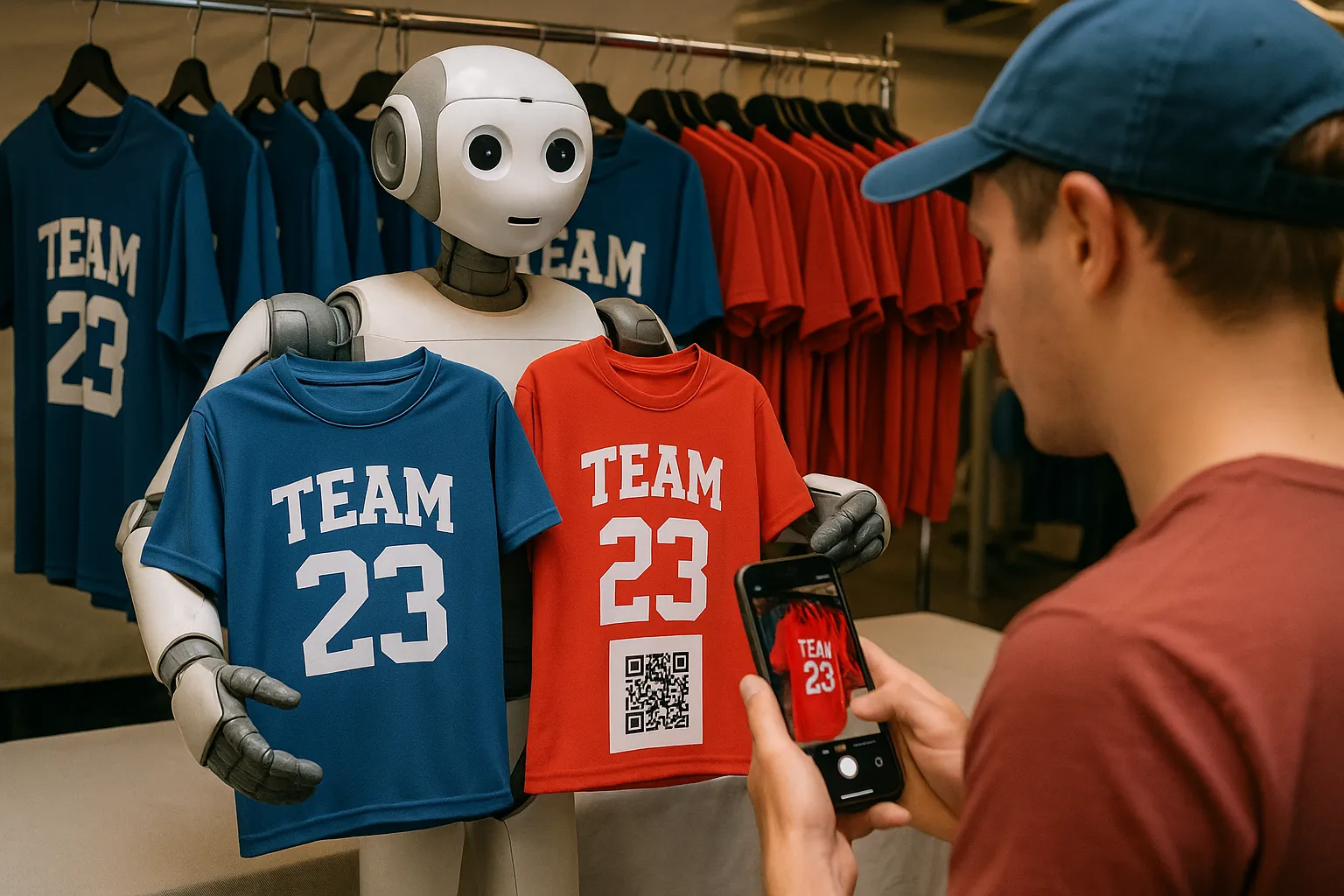 Fan purchasing merch from robot kiosk.