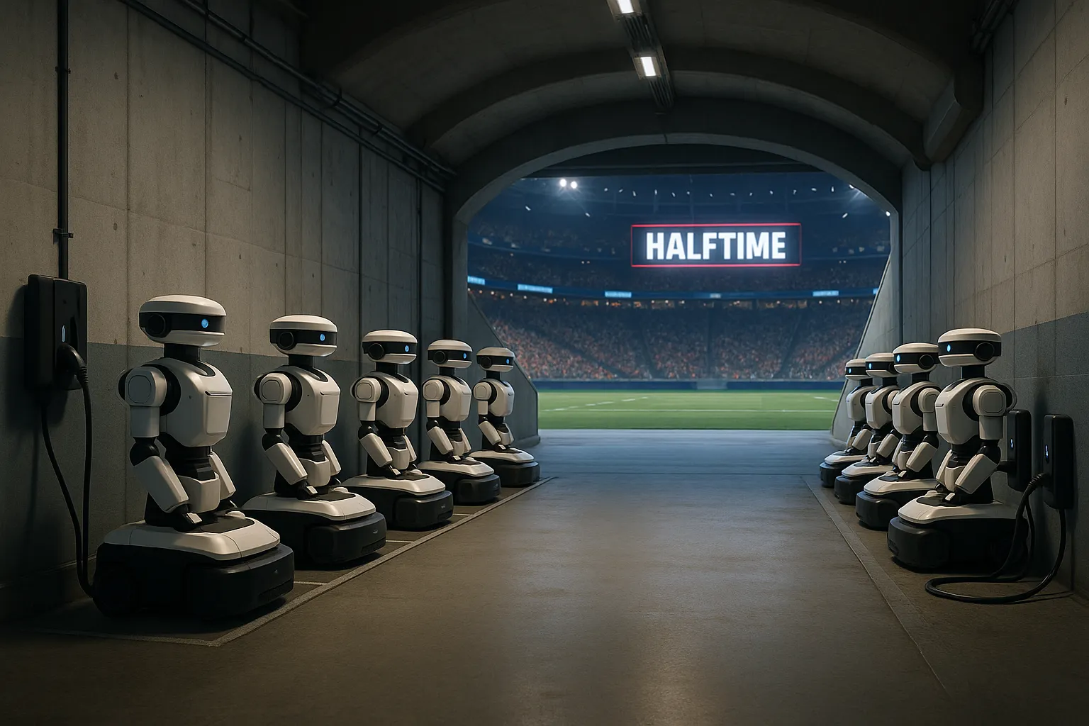 Fleet of robots in arena concourse.
