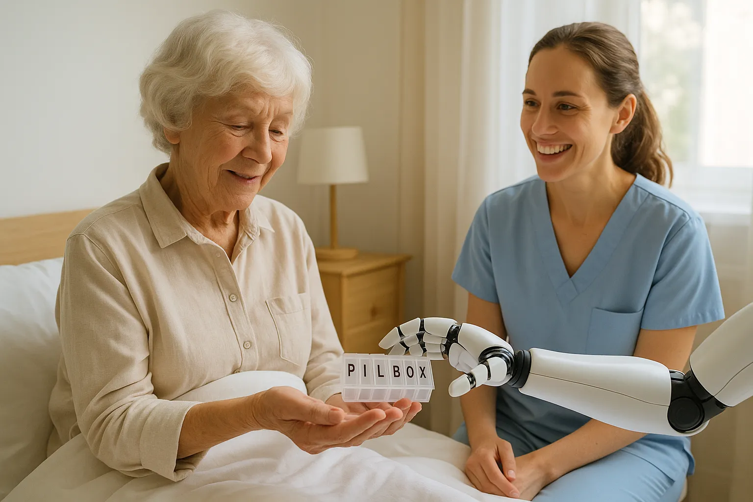 Assistive robot handing medication to patient.