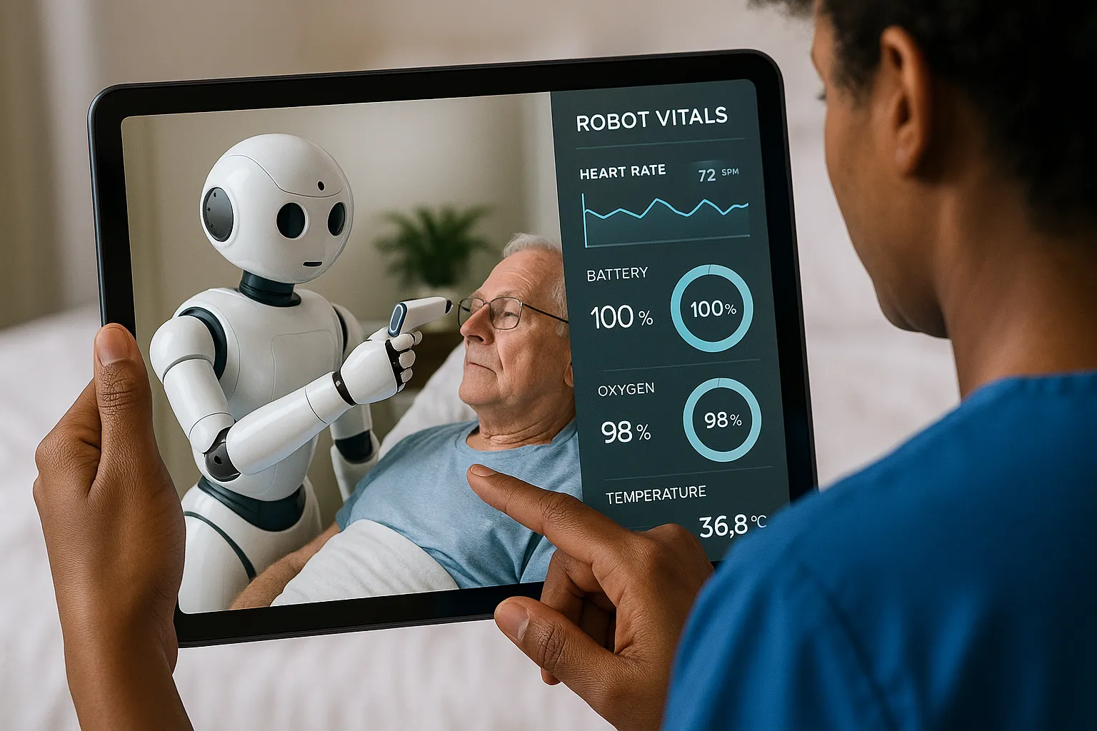 Caregiver monitoring robot via tablet.