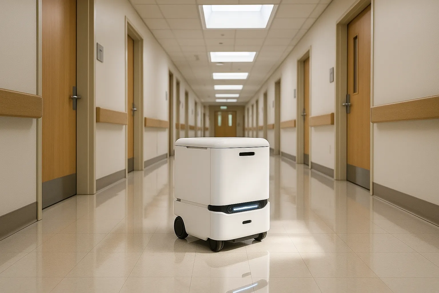 Robot navigating a hospital hallway.