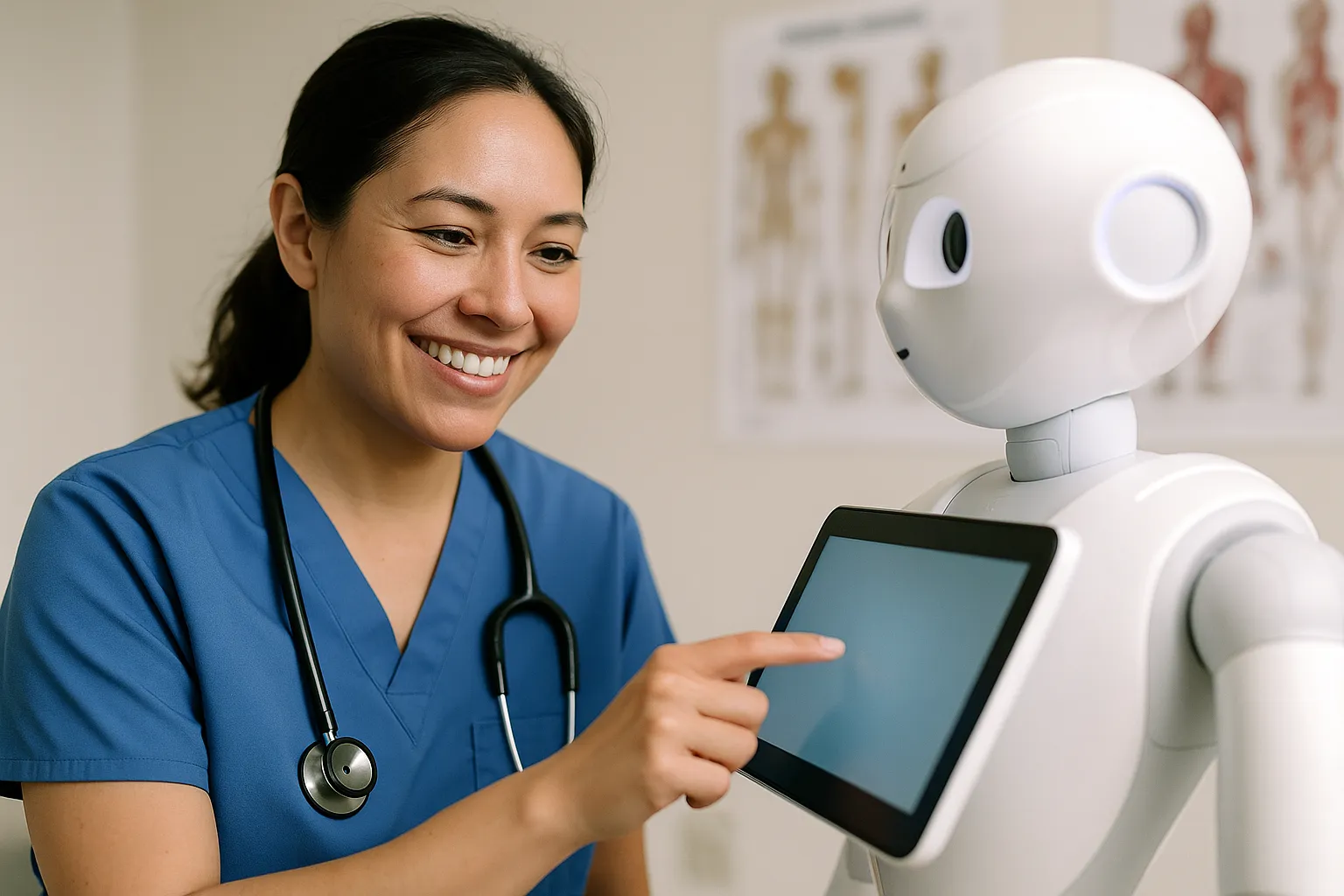 Nurse interacting with the robot’s touch screen.