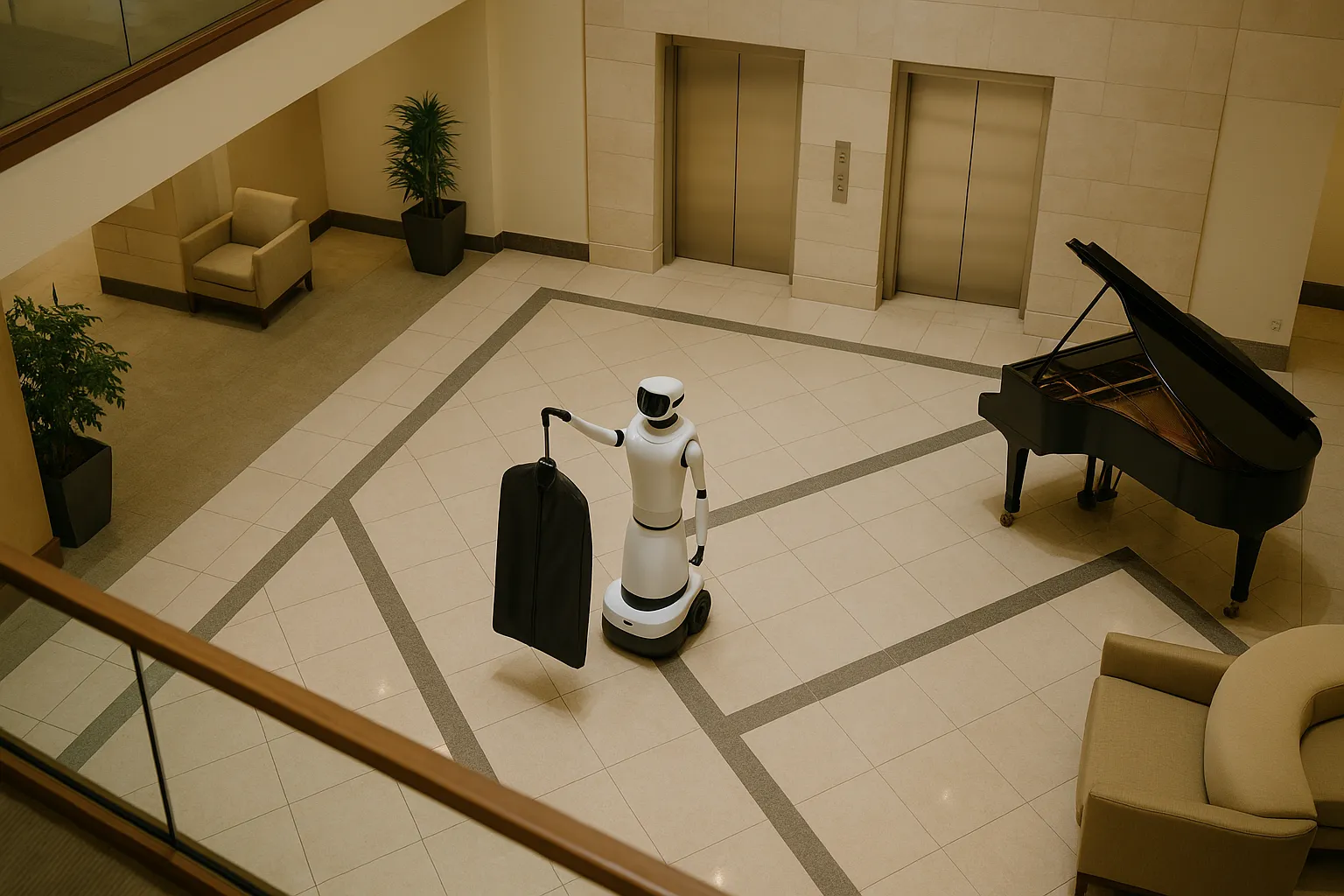 Service robot in a luxury hotel lobby.