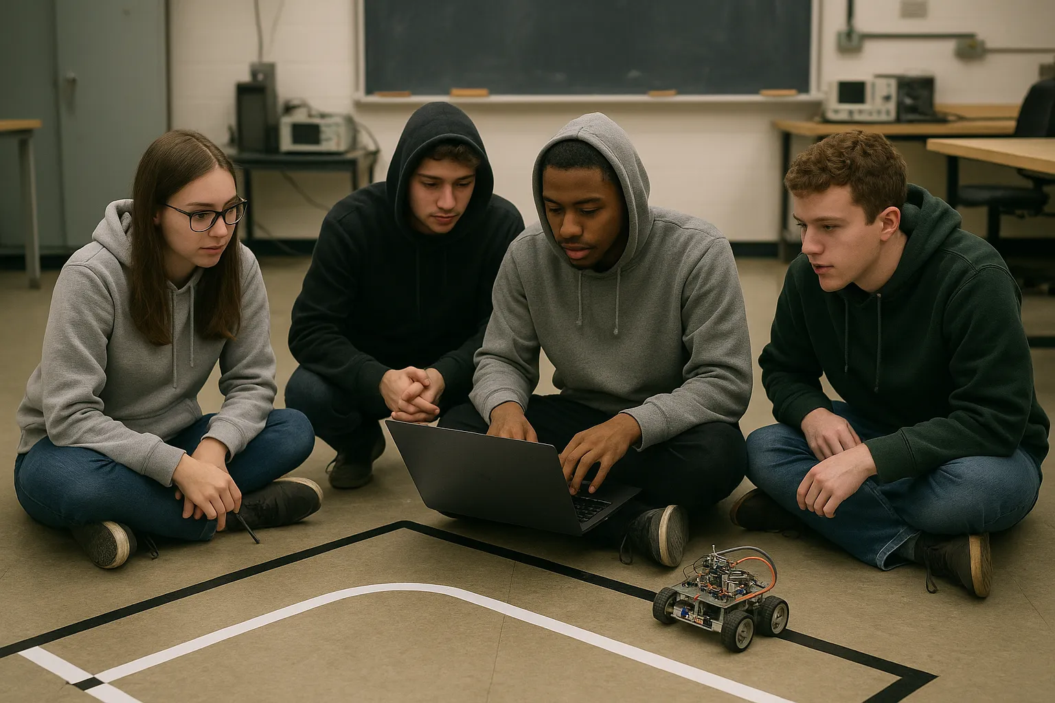 Students coding a robot experiment.