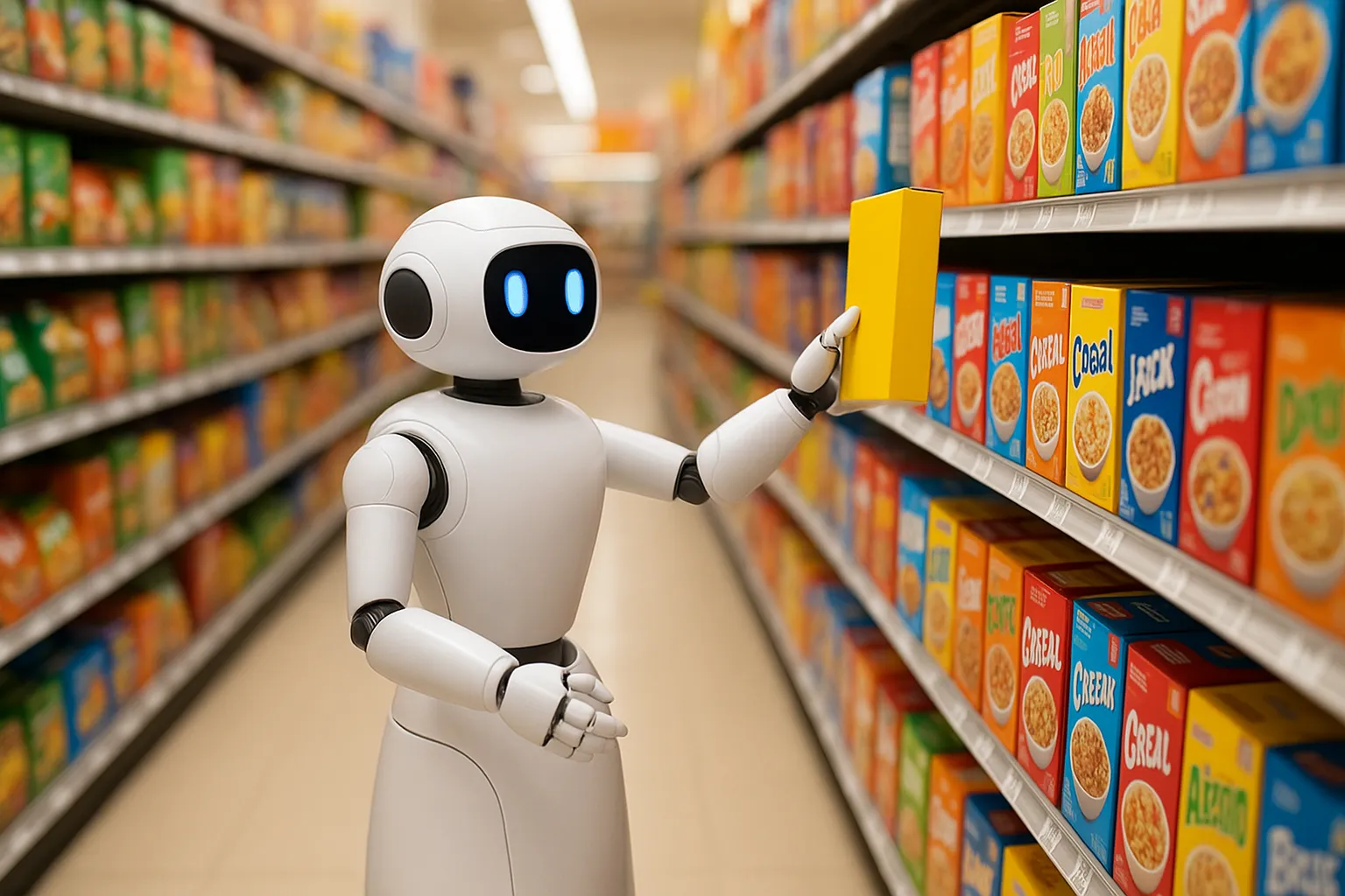 Robot selecting goods in grocery aisle.
