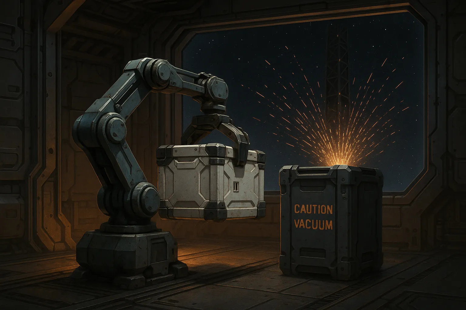 Robot lifting cargo at spaceport.